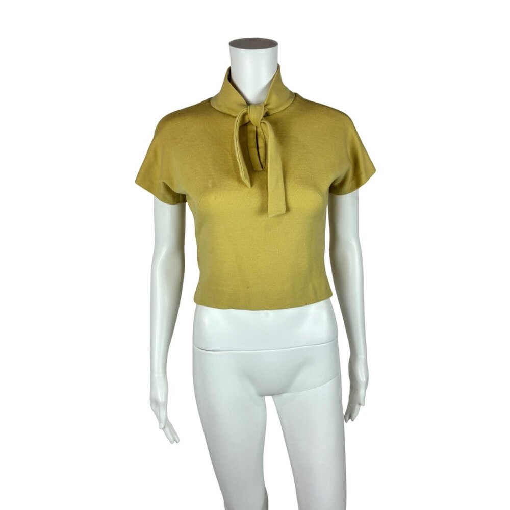 Vintage 60s Mod Top Women's Small Yellow Dolman Sleeves Knit Necktie Shirt
